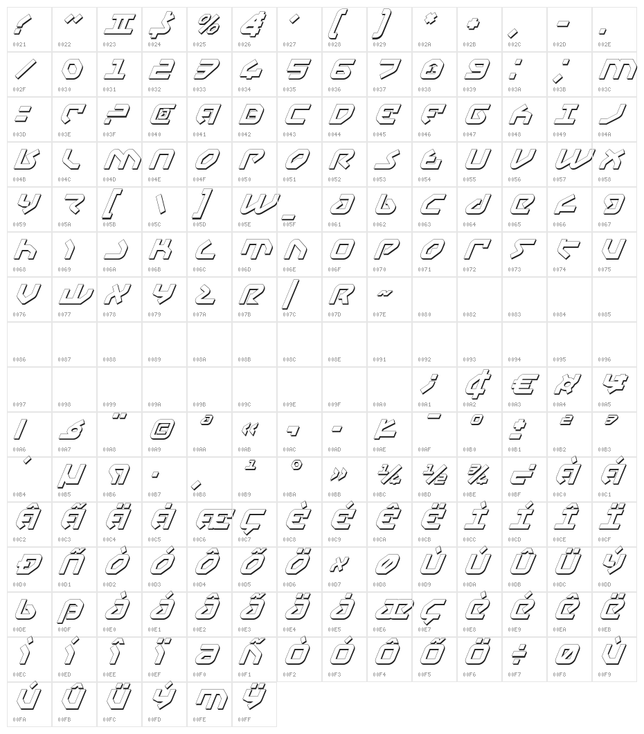 Yahren Shadow Italic Character Map