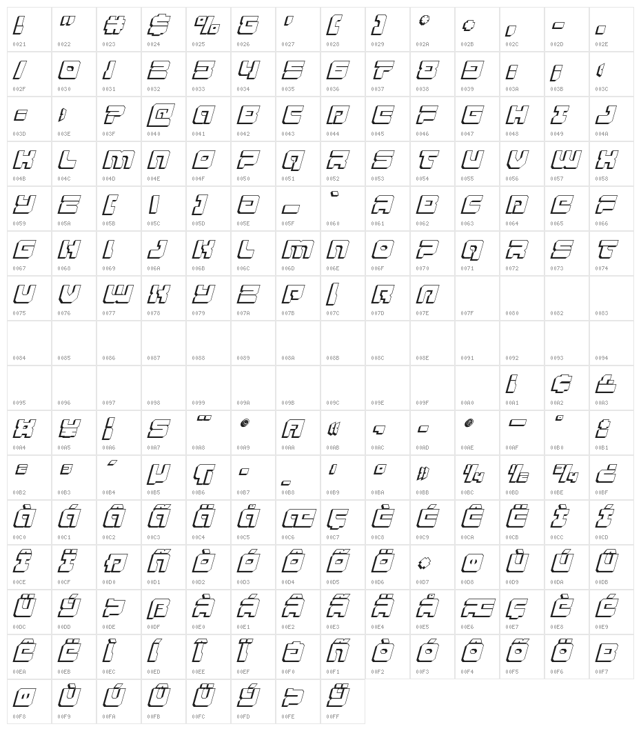 Yamagachi 2050 3D Italic Character Map