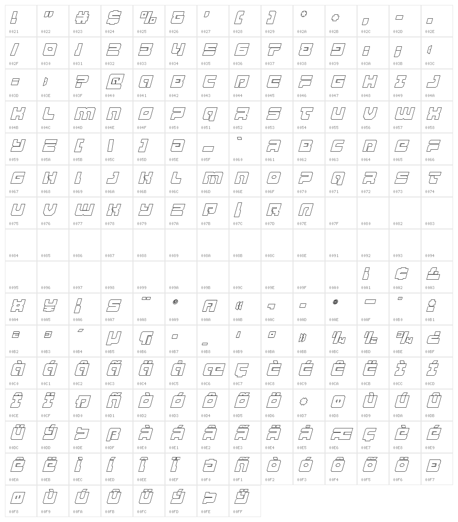 Yamagachi 2050 Outline Italic Character Map