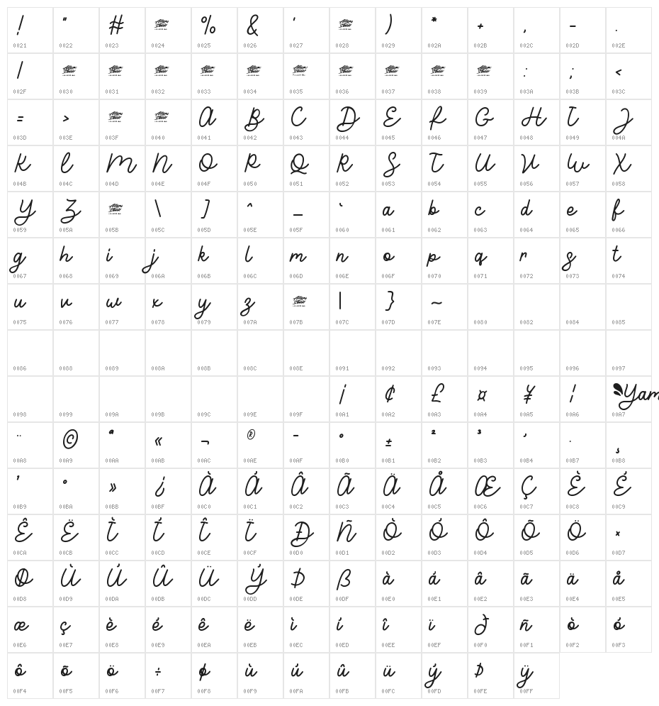 Yamatha Regular Character Map
