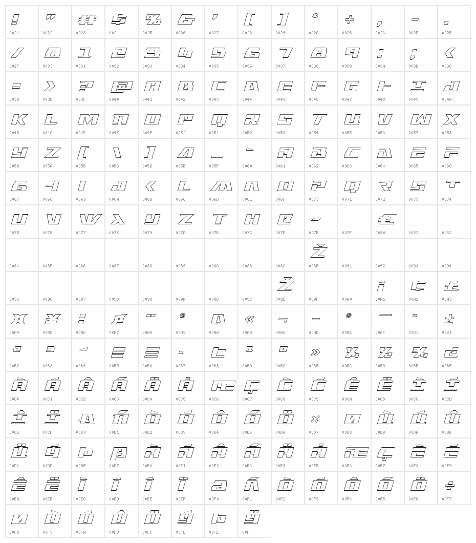 Yamato Class Outline Italic Character Map