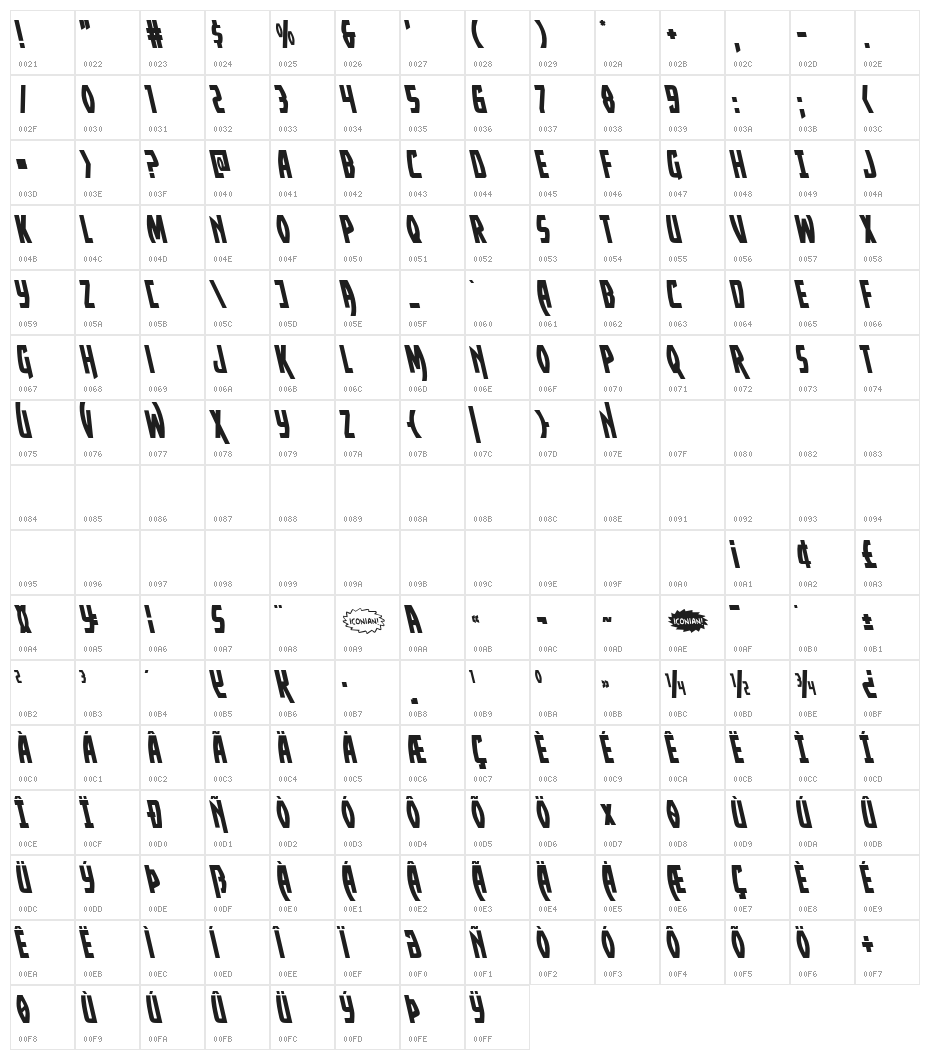 Yankee Clipper Leftalic Character Map