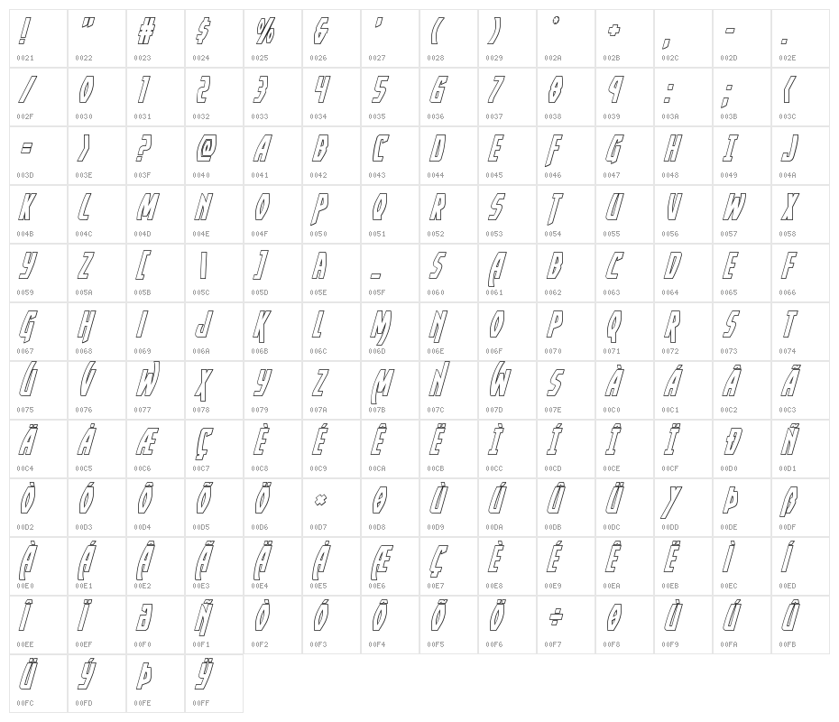 Yankee Clipper Outline Italic Character Map