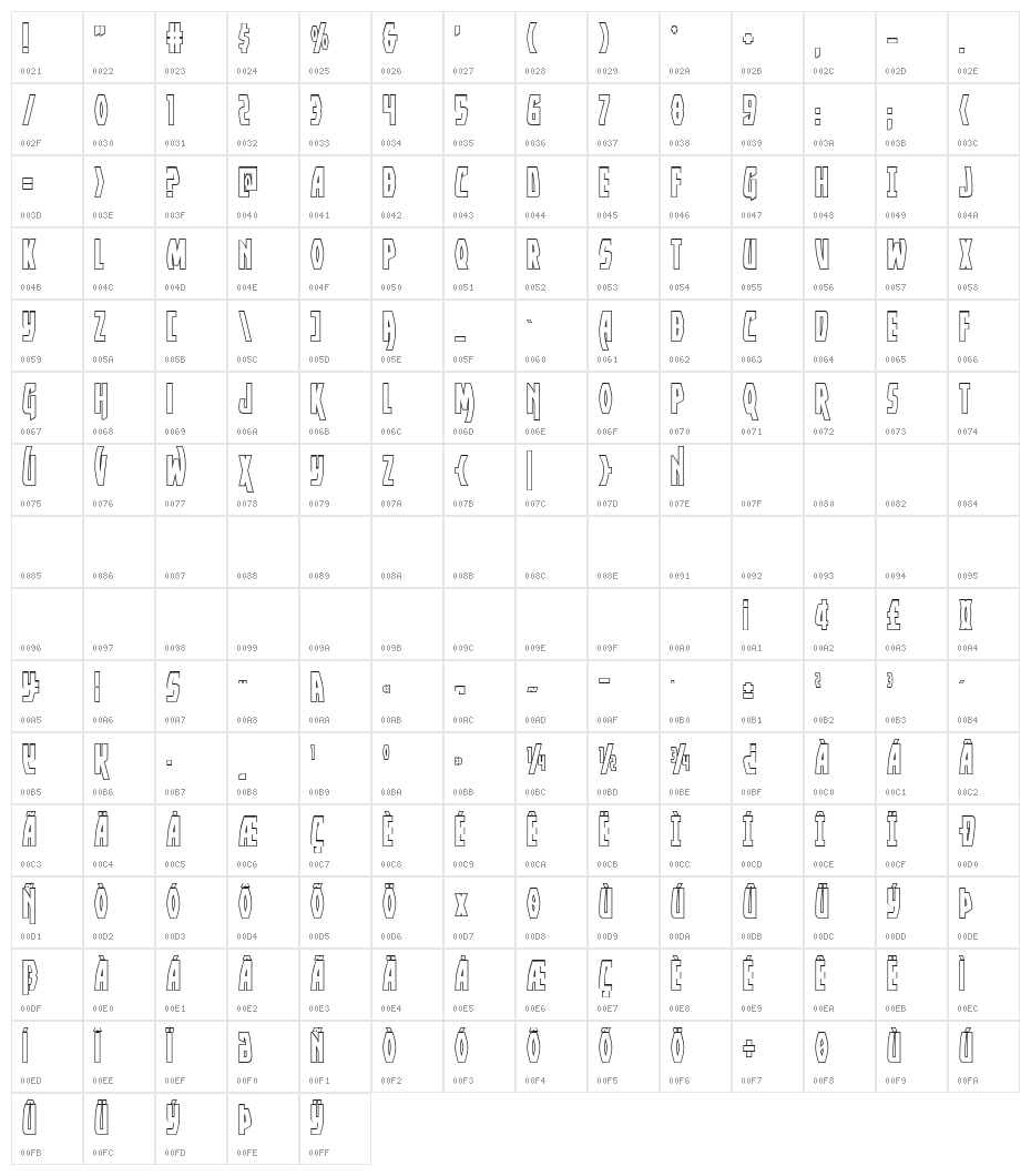 Yankee Clipper Outline Regular Character Map