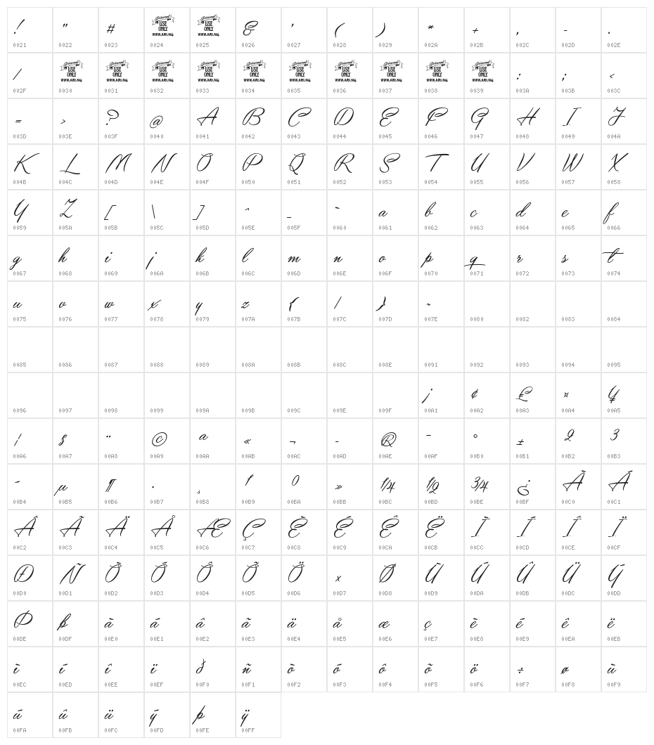Yaquote Script Personal Use Character Map