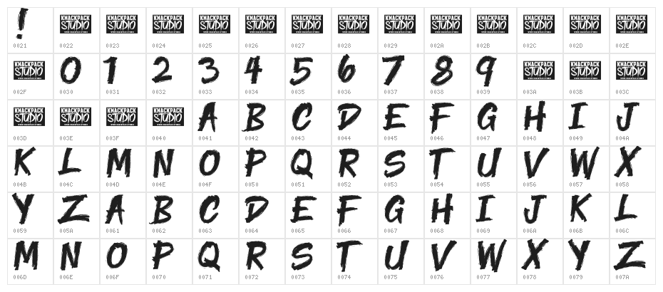 Yenoh Brush Character Map