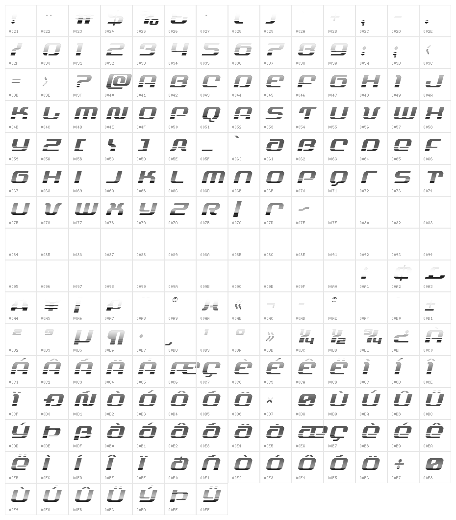 Yeoman Jack Gradient Italic Character Map