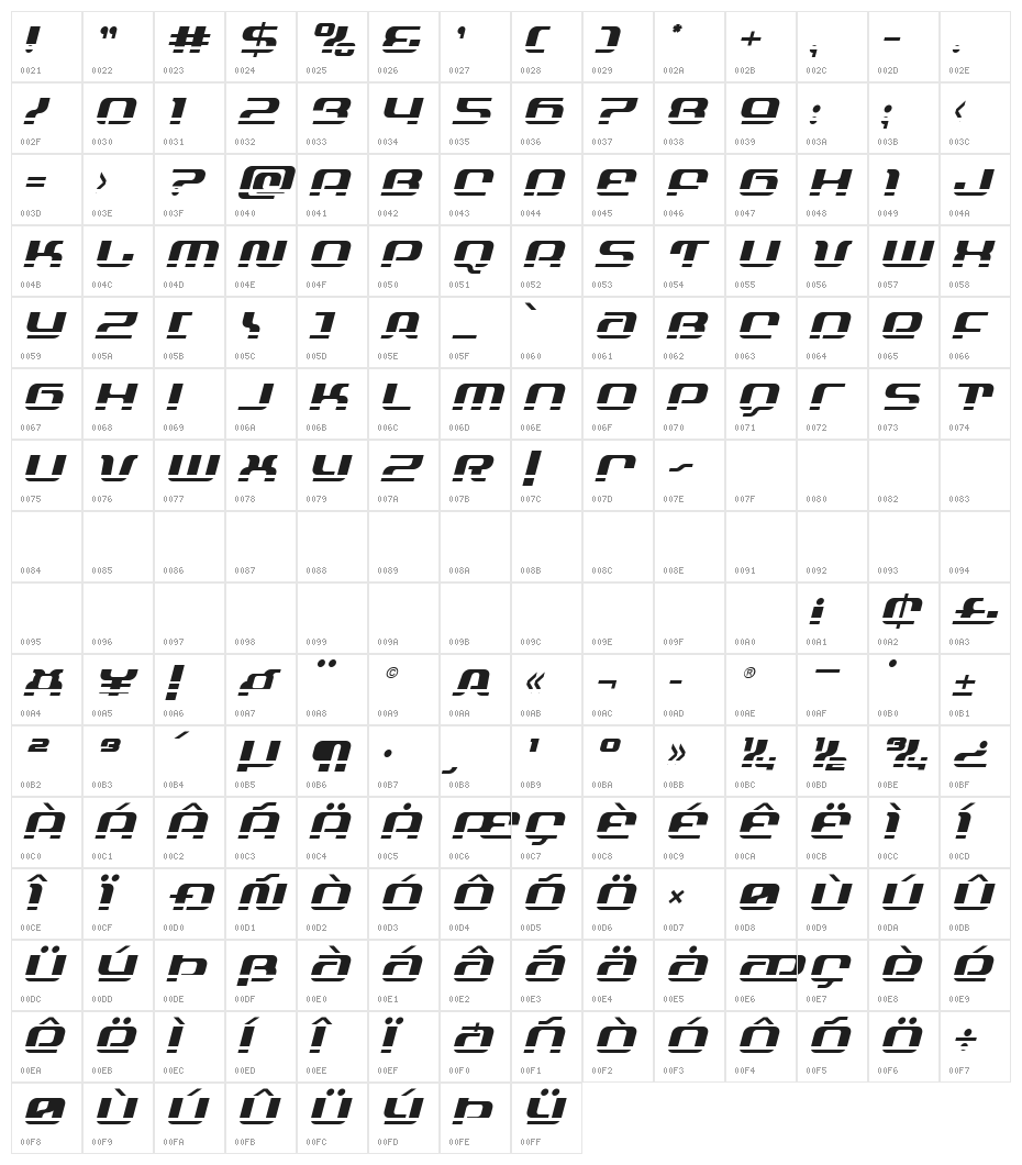 Yeoman Jack Laser 2 Italic Character Map