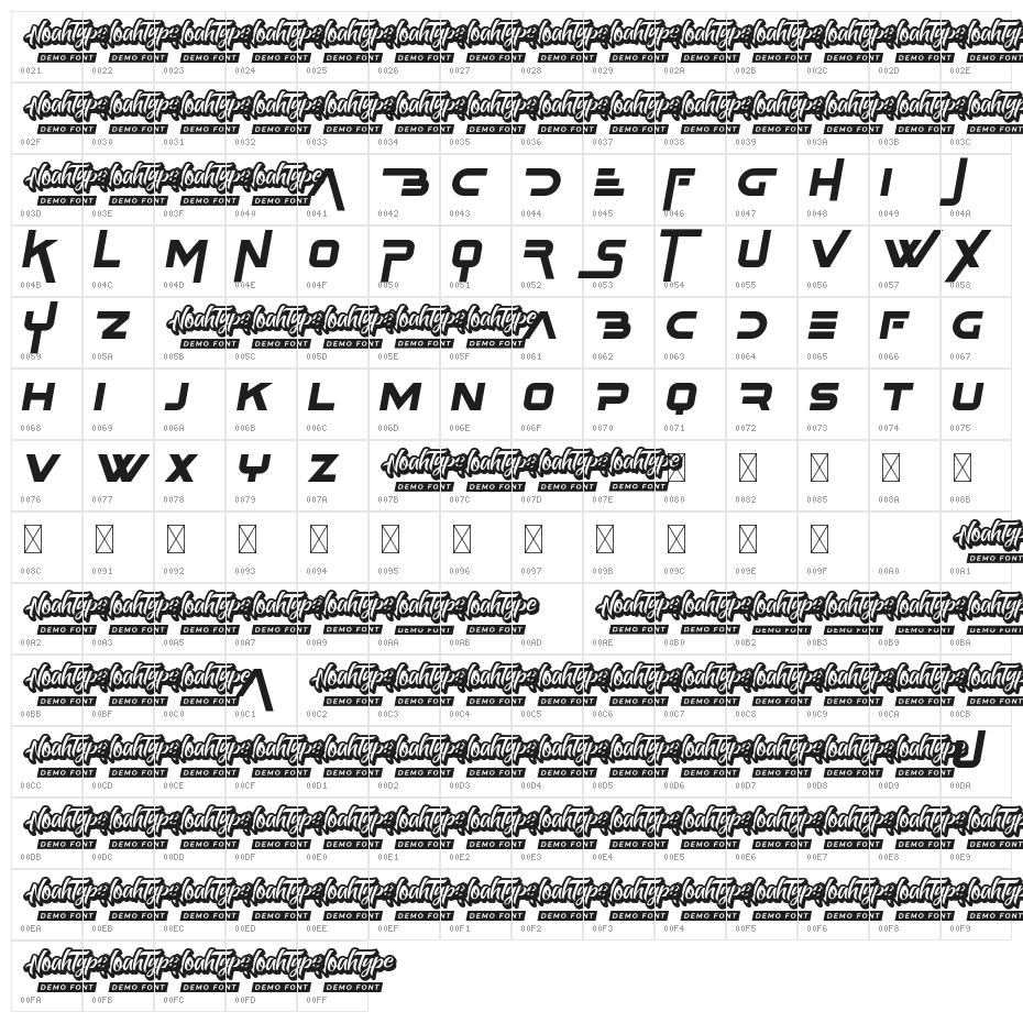 Yonder Breaks Demo Italic Character Map