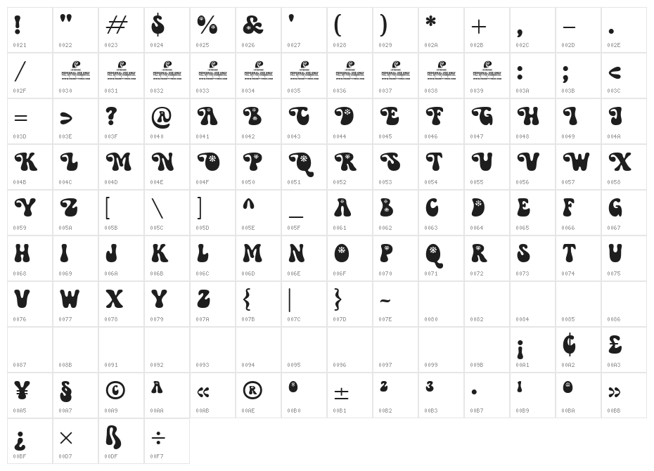 Yonky Display DEMO Regular Character Map