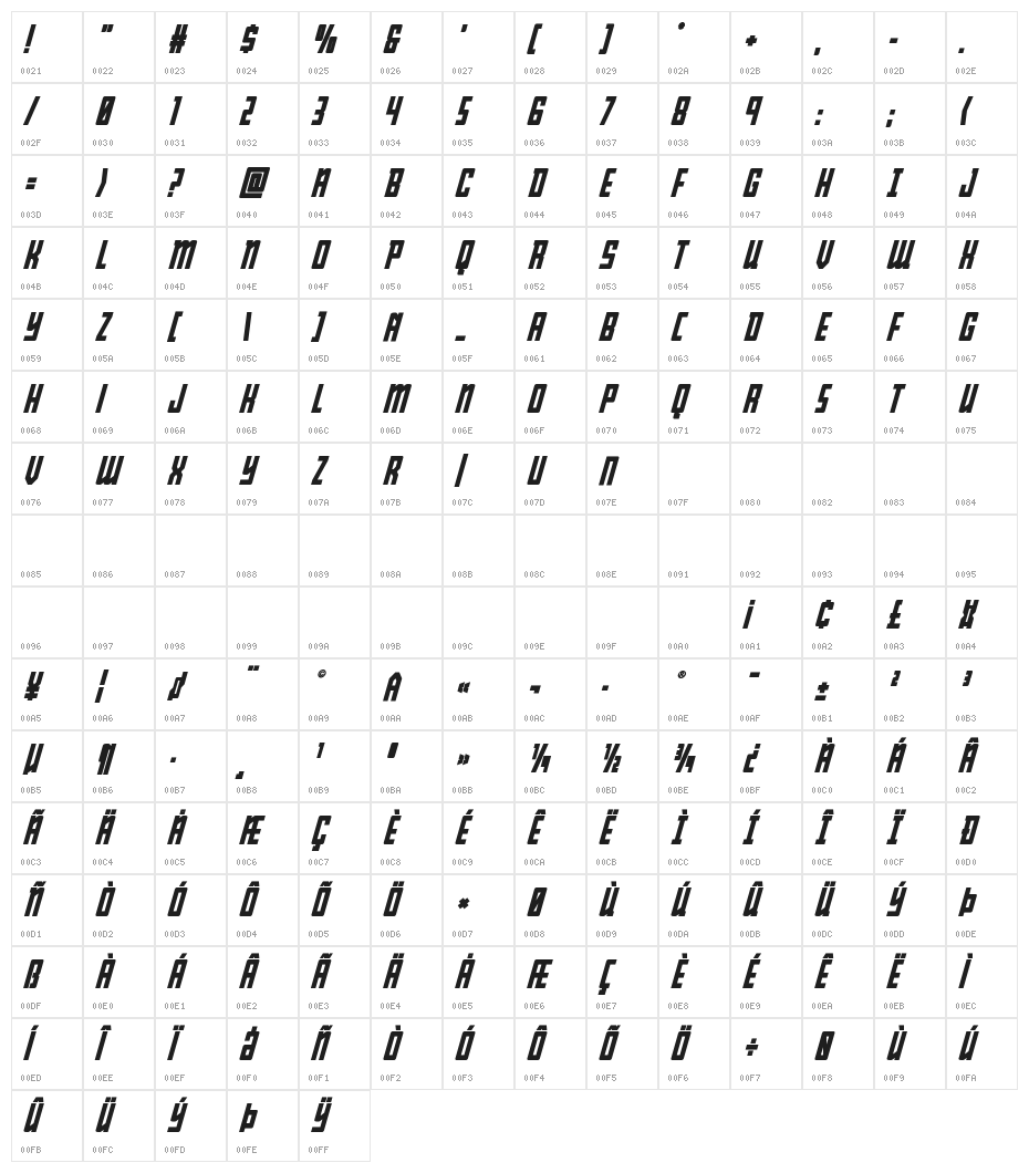Young Patriot Bold Italic Character Map