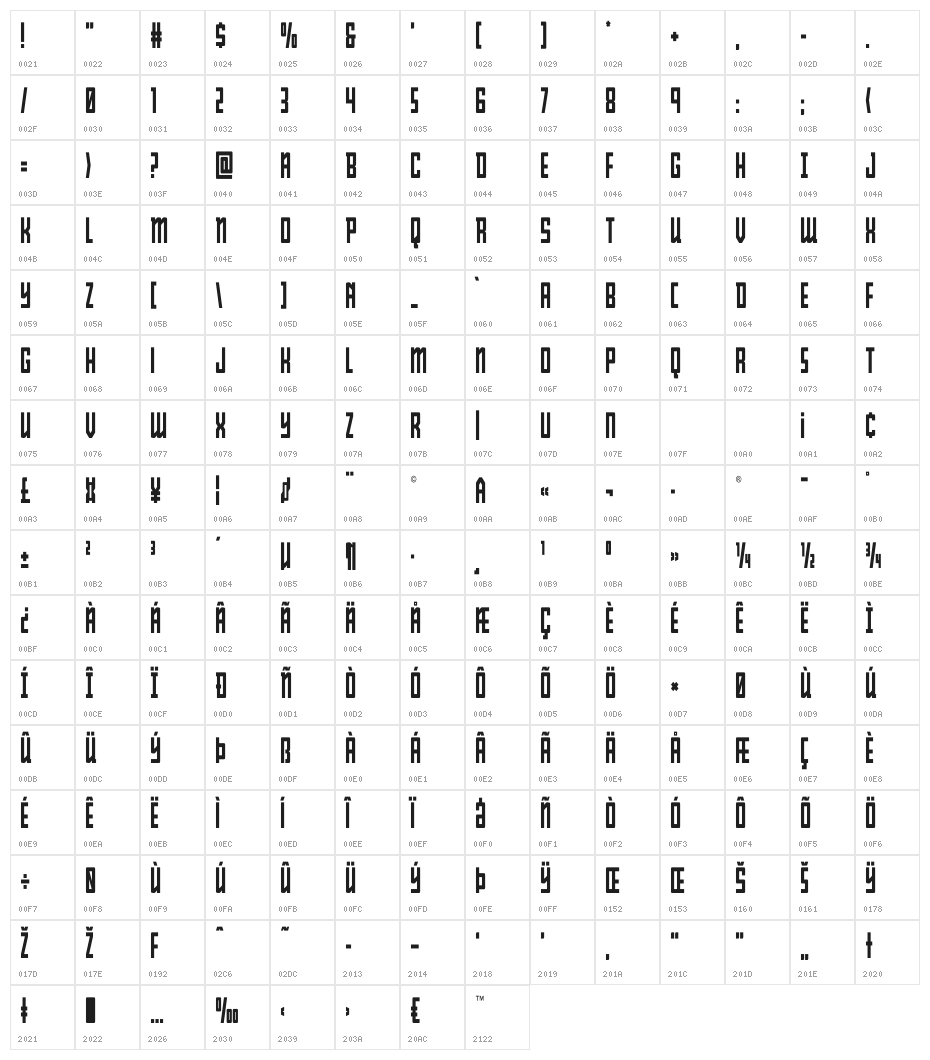 Young Patriot Condensed Character Map