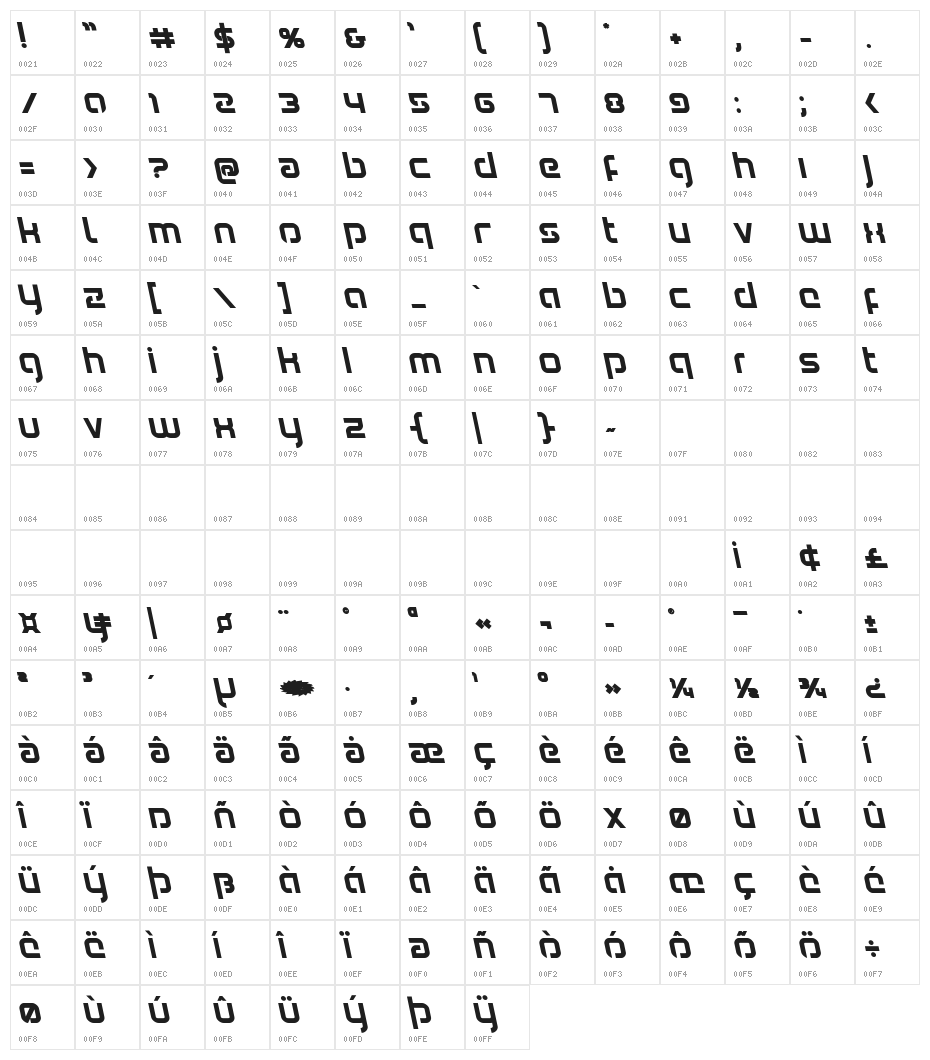 Youngerblood Bold Leftalic Character Map