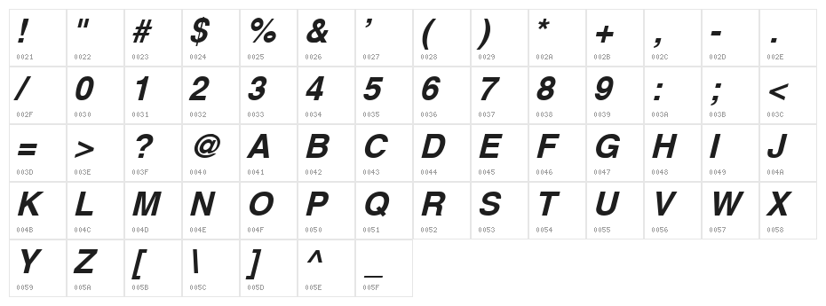 Yoxall Bold Italic Character Map