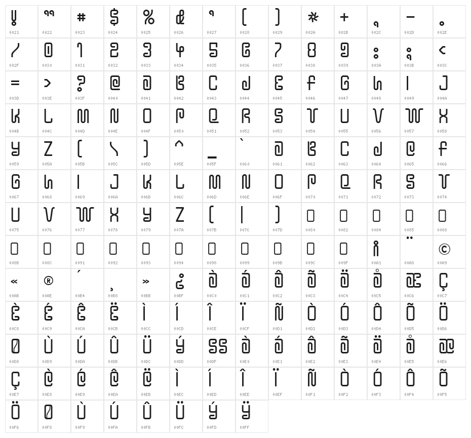 YTwoKBug-Regular Character Map