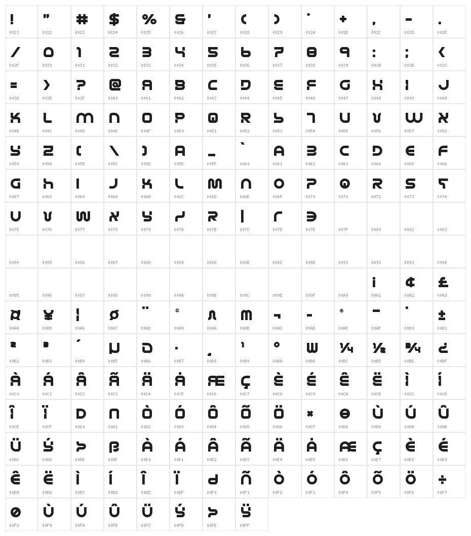 Yukon Tech Semi-Bold Character Map