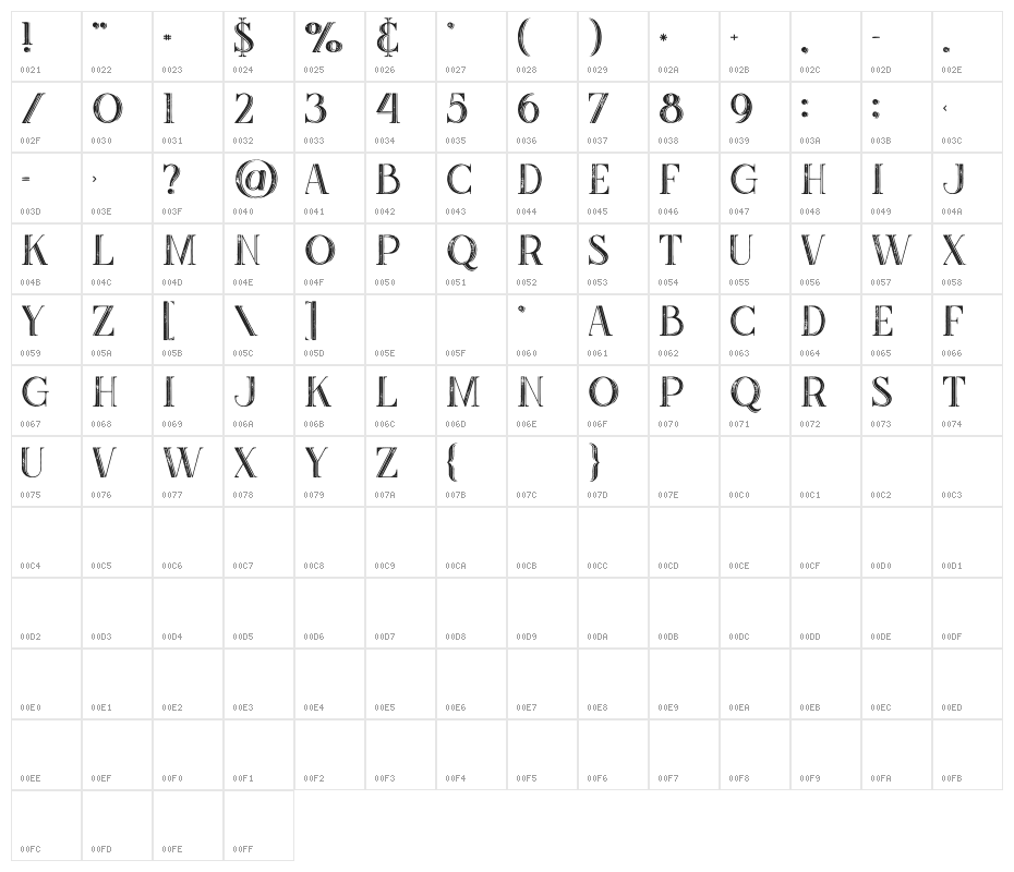 Zahra Inline Grunge Character Map