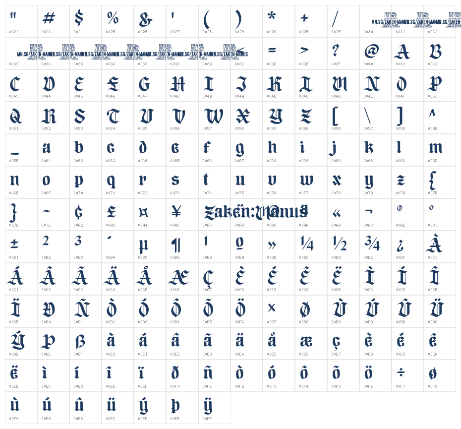 Zaken Manus PERSONAL USE Regular Character Map