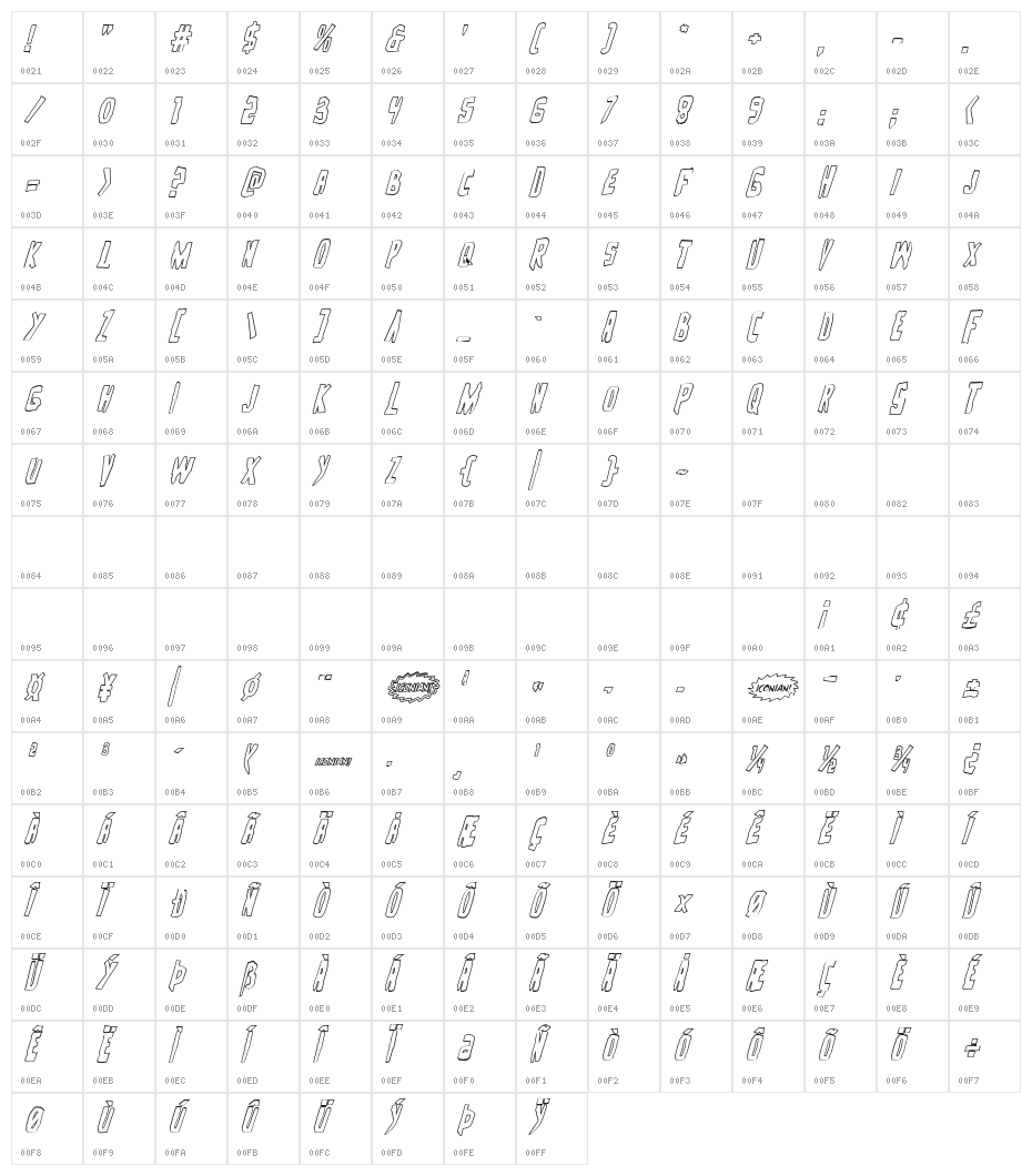 Zakenstein Outline Italic Character Map