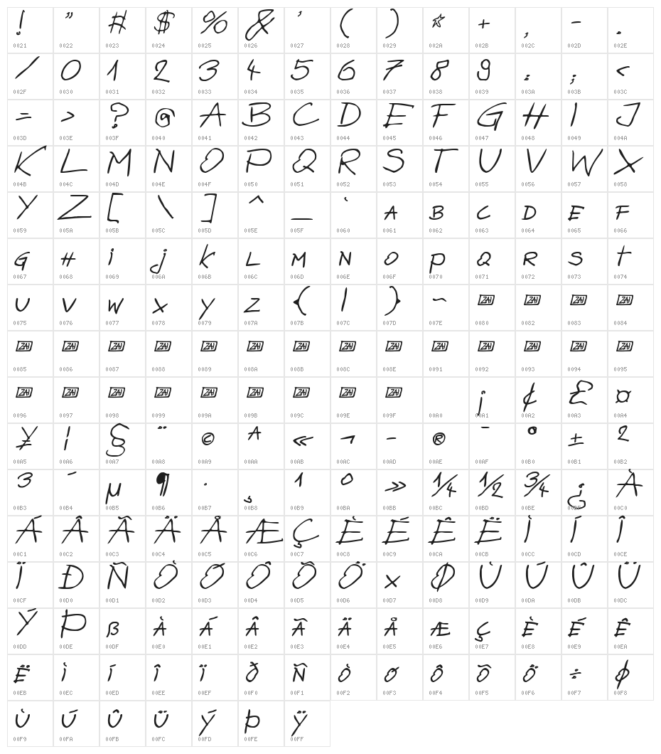 zai Bazgroly Italic Italic Character Map