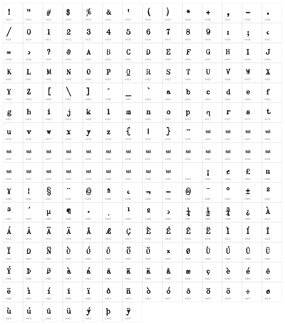 zai Olivetti Lettera 22 Typewriter Character Map