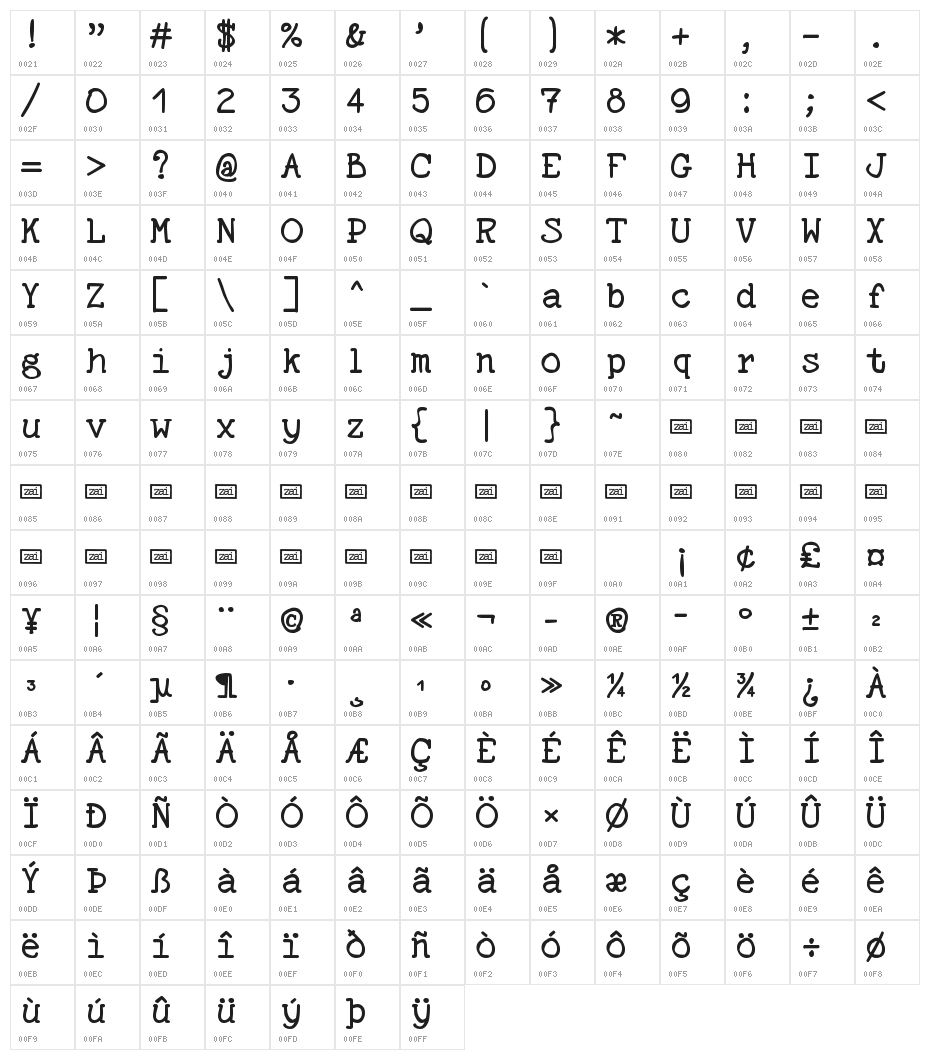 zai Pencil Typewriter Character Map