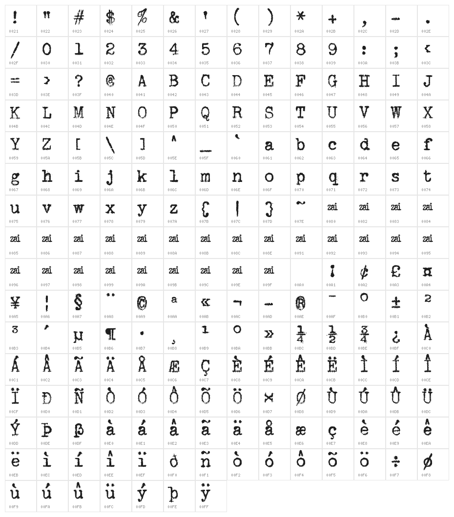 zai Remington Deluxe Typewriter Character Map