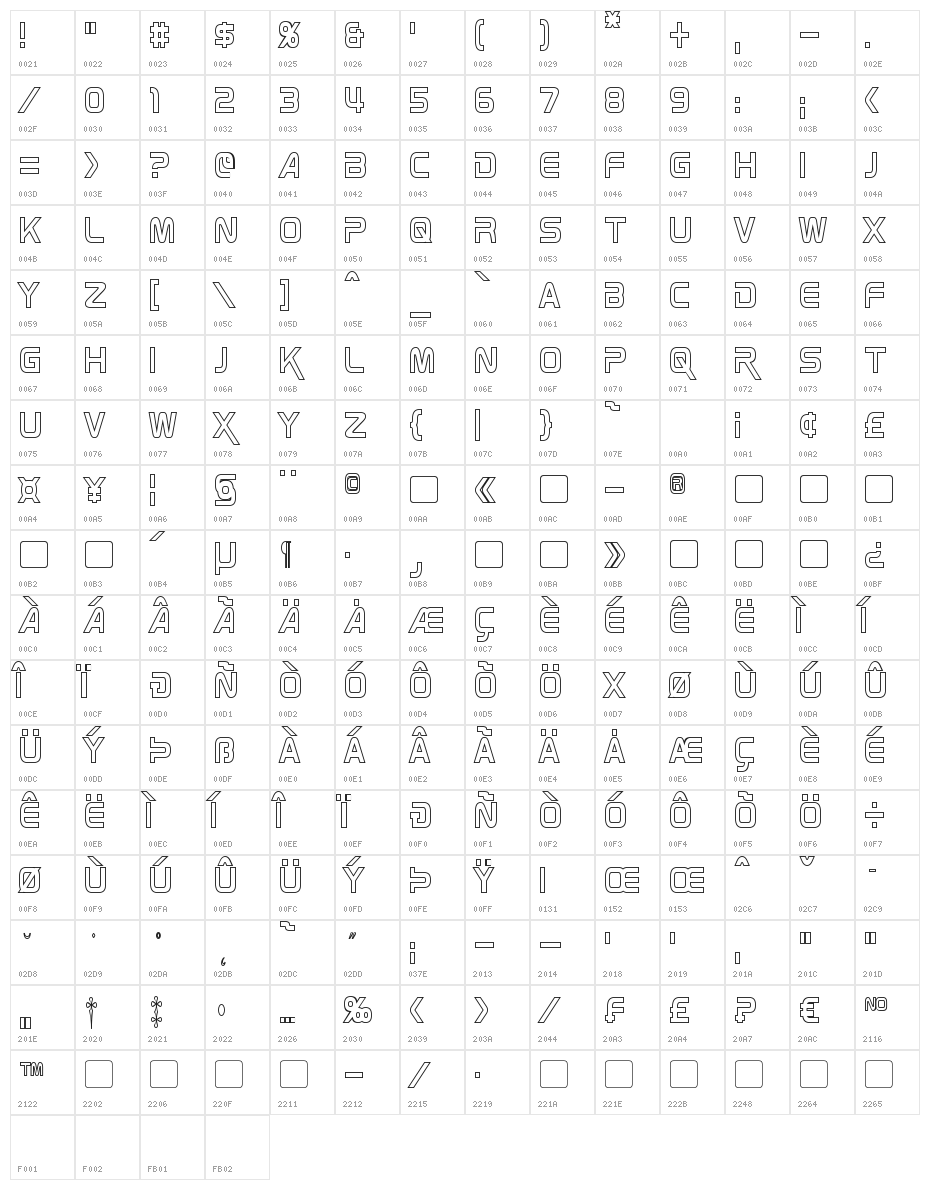 Zebulon Condensed Hollow Character Map