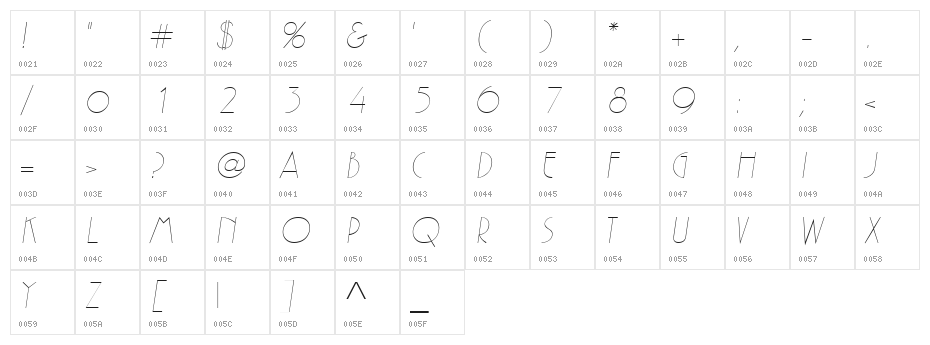 Zelda Italic Character Map