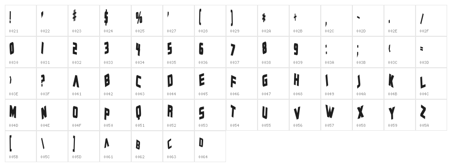 Zero Gravity Bold Character Map