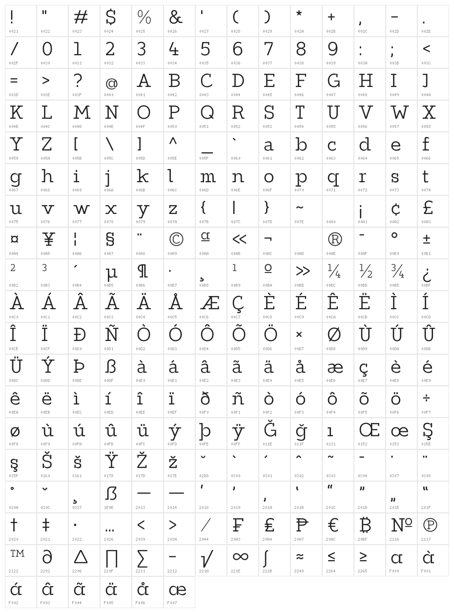 ZF2334 Slab Serif Light Character Map