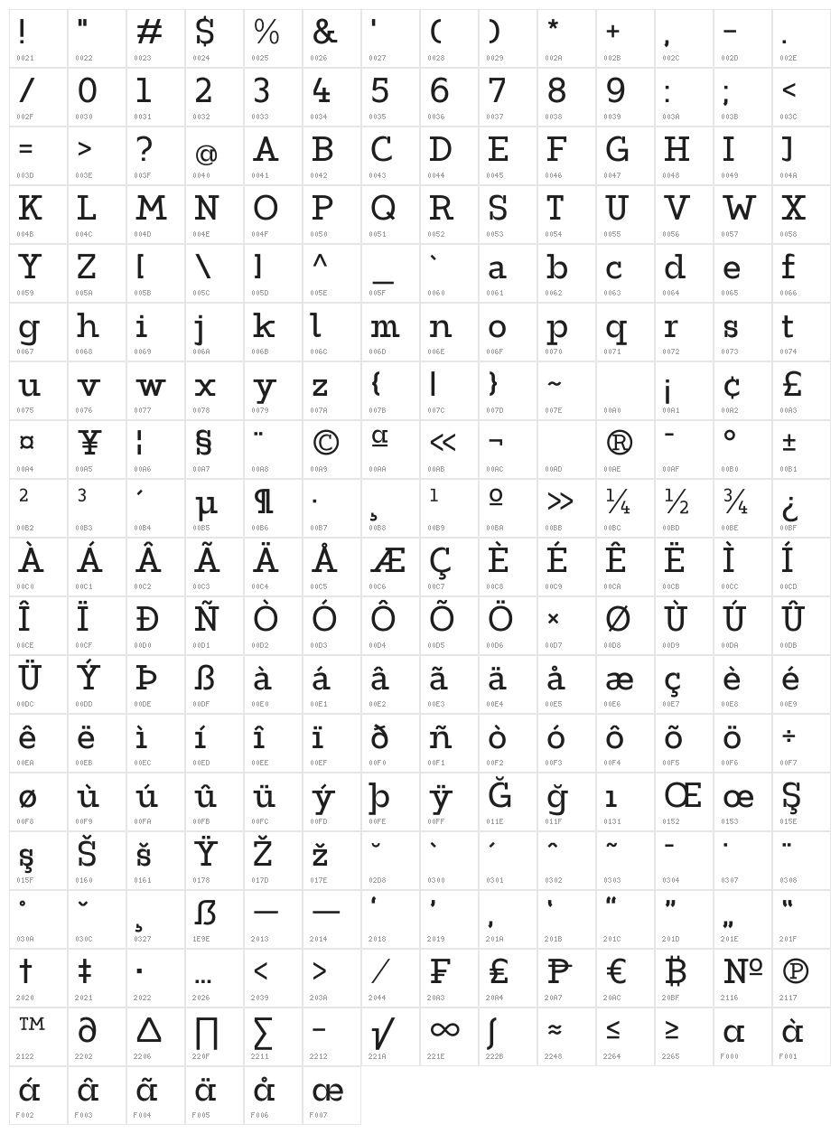 ZF2334 Slab Serif Regular Character Map