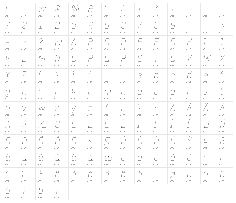 ZF2334 Square Hairline Italic Character Map