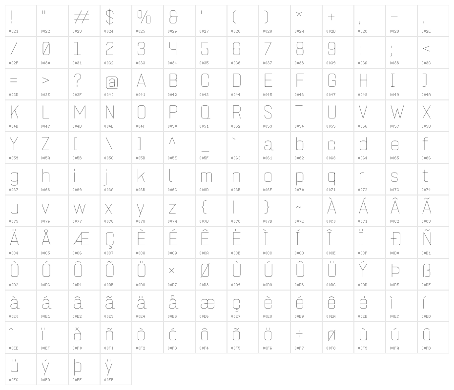 ZF2334 Square Hairline Character Map