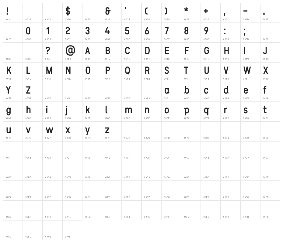 ZF2334 Squarish ExtraBold Character Map