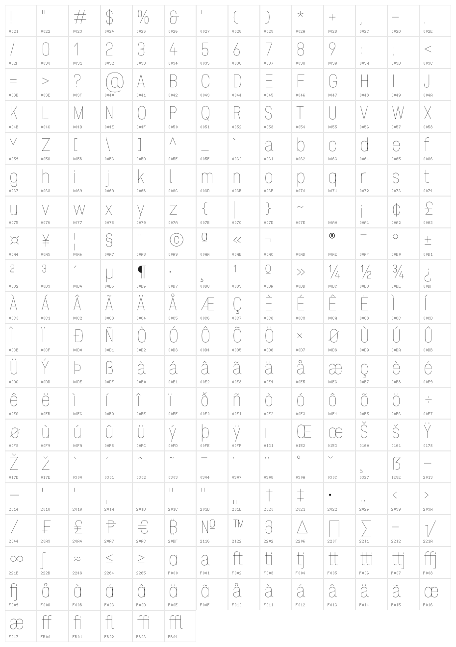 ZF2334 Squarish Hairline Character Map