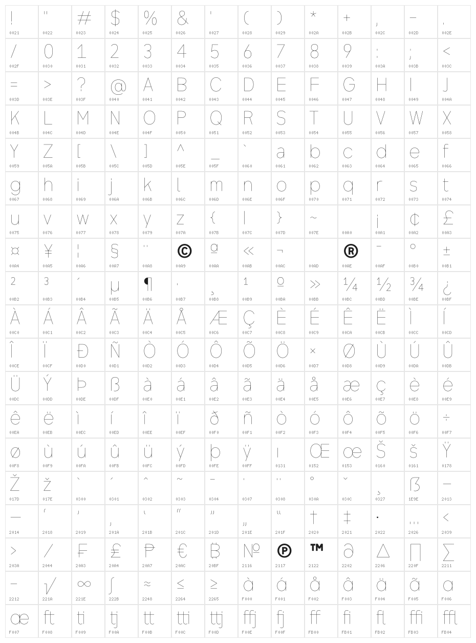 ZF2334 Typography Love Hairline Character Map