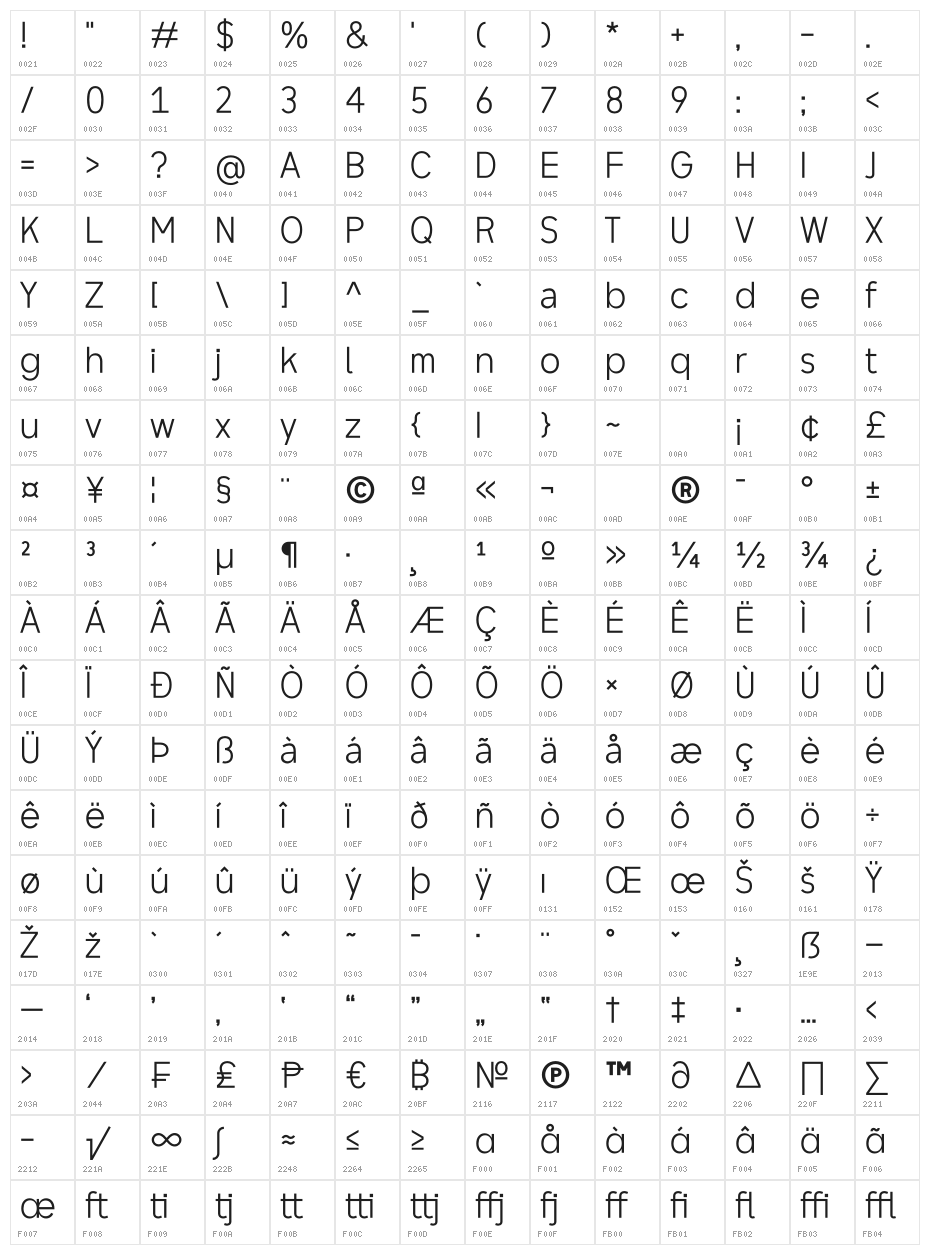 ZF2334 Typography Love Light Character Map