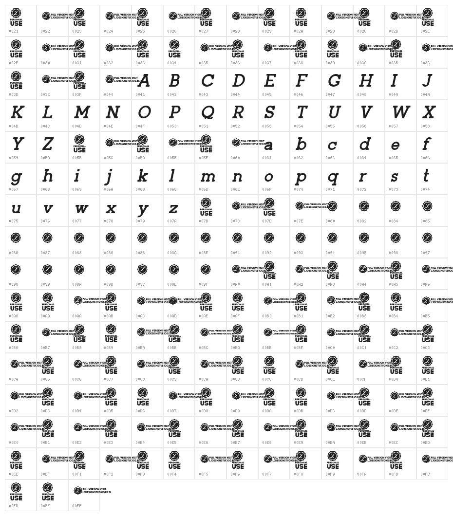 Zilap Corporative Bold italic Character Map