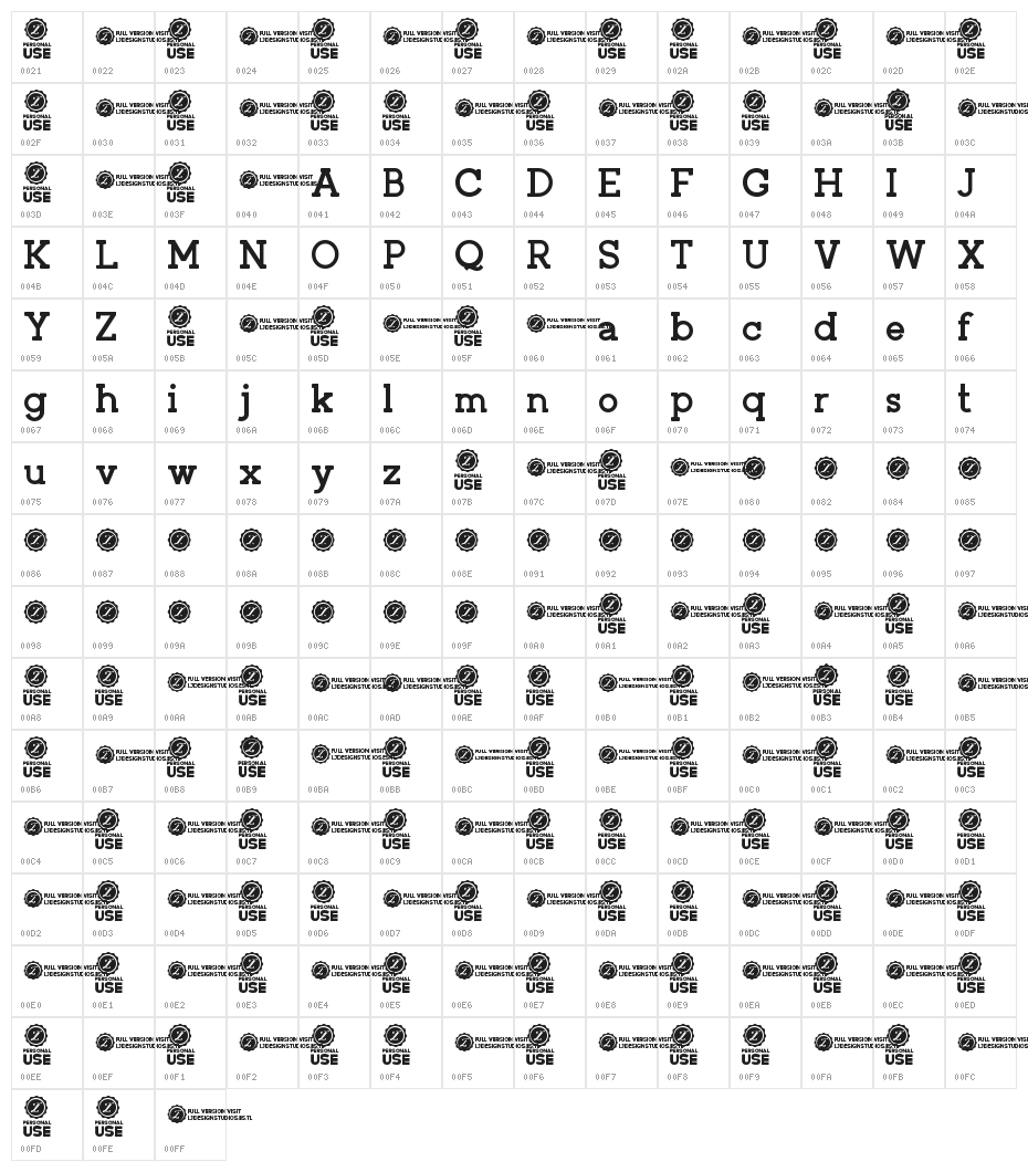 Zilap Corporative Bold Character Map