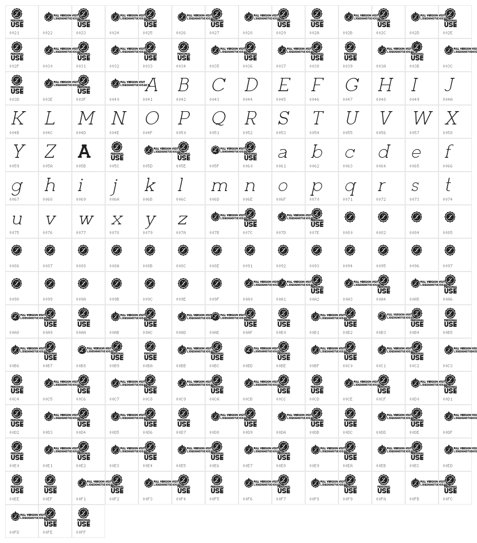 Zilap Corporative Light Italic Character Map