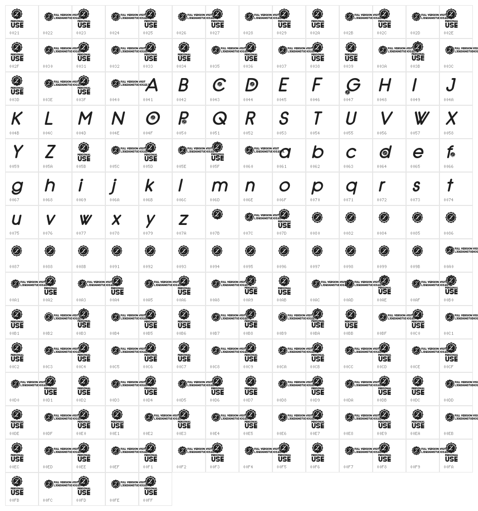 Zilap Natural Bold Italic Character Map