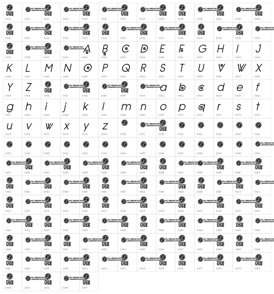 Zilap Natural italic Character Map