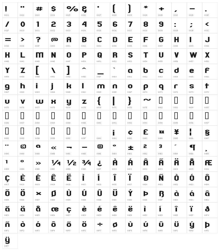Zillah Modern Expanded Character Map