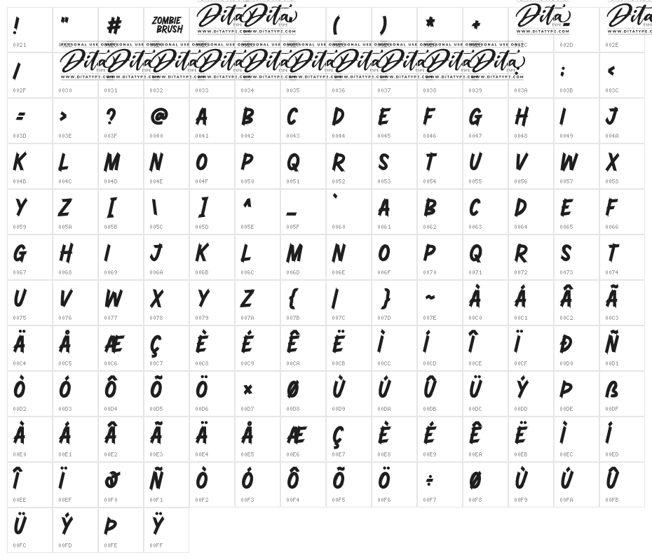 Zombie Brush Personal Use Character Map