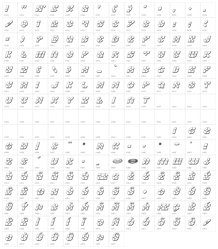Zoom Runner 3D Italic Character Map