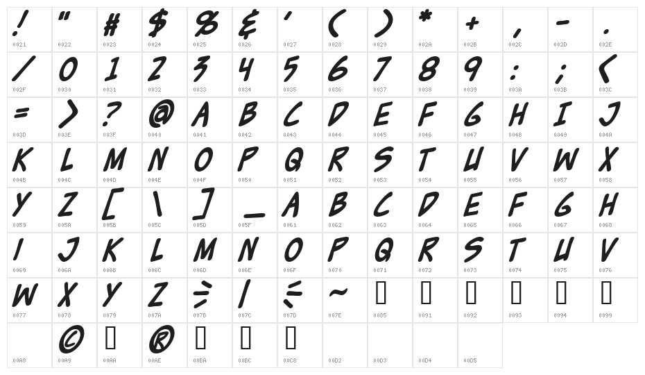 Zud Juice Bold Character Map