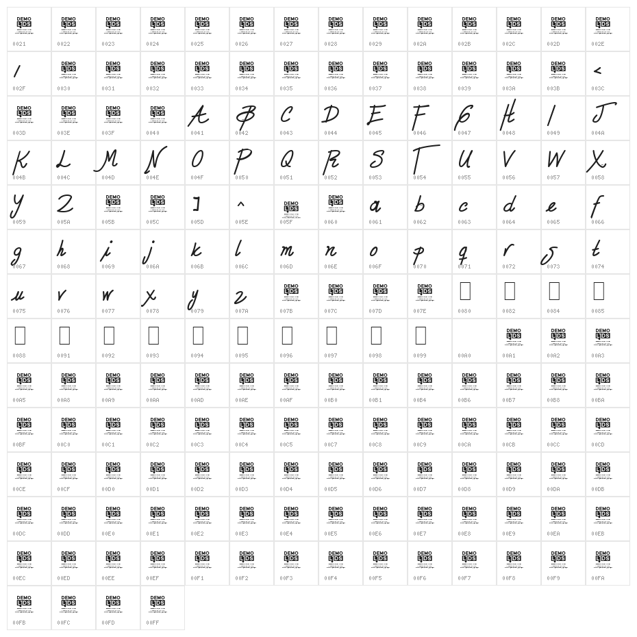 Zule DEMO Script Character Map