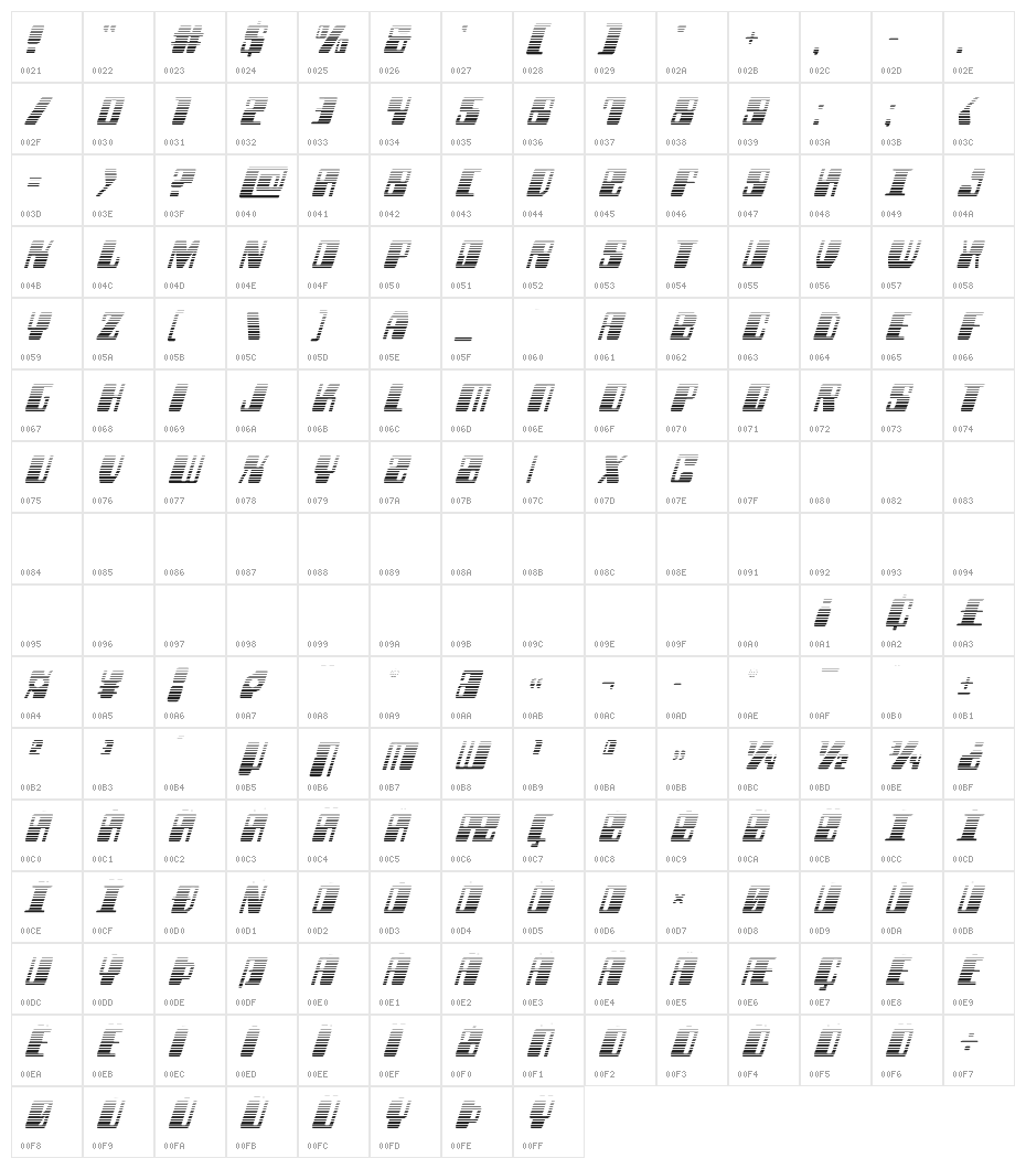 Zyborgs Gradient Italic Character Map
